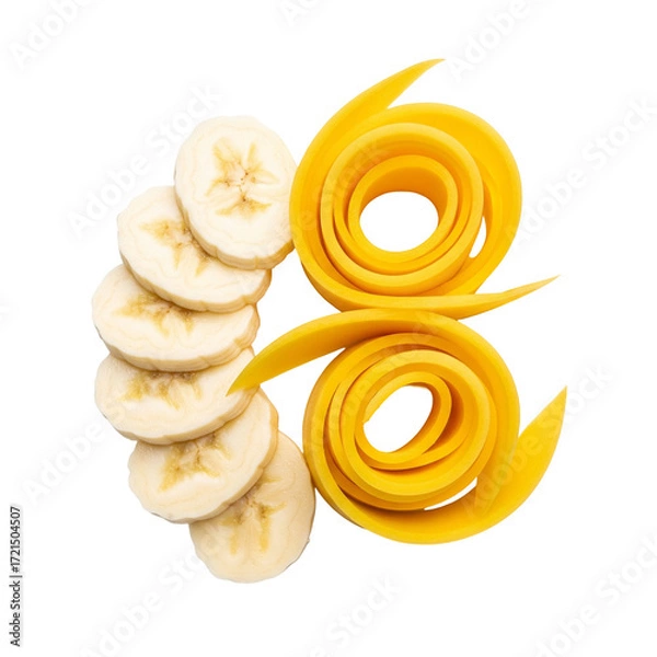 Fototapeta Artistic Arrangement of Banana Slices and Mango Swirls on White Background
