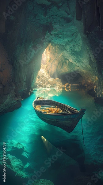Fototapeta Mystical Cavern with a Boat: An old boat rests peacefully inside a flooded cavern, creating a serene spectacle under a mysterious light, invoking feelings of adventure and solitude. 