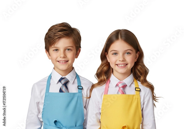 Fototapeta Smiling Children in Aprons and Ties Posing Together on White Background