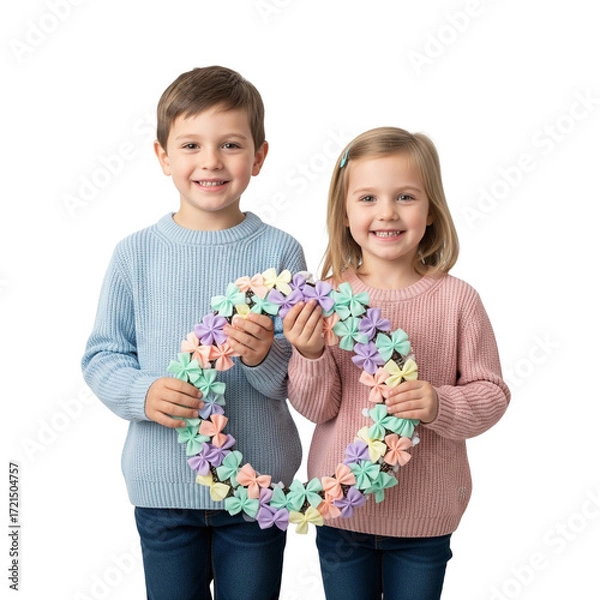 Fototapeta Smiling Children Holding Pastel Paper Flower Wreath on White Background