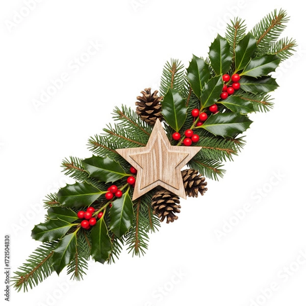Fototapeta Christmas Decoration with Evergreen, Red Berries, Pinecones, and Wooden Star