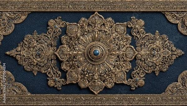 Fototapeta Ornate gold and blue decorative panel with detailed, intricate floral patterns and accents of teal gemstones.