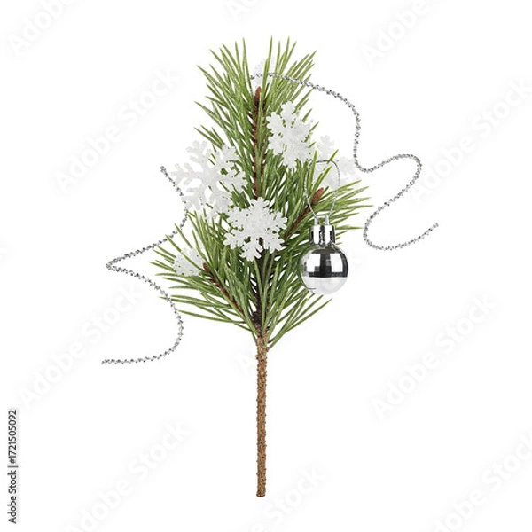 Fototapeta Holiday Pick with Artificial Pine, Silver Ornament, Snowflakes, and Curly String