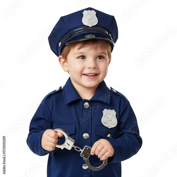 Fototapeta Smiling Child in Police Officer Costume Holding Toy Handcuffs on White Background