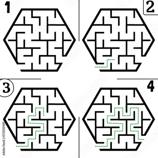Fototapeta Illustration with labyrinth, maze conundrum for kids. Baby puzzle with entry and exit. Children puzzle game. 4 steps to complete the maze.