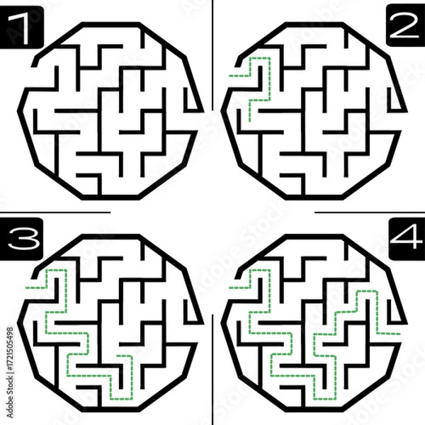 Fototapeta Illustration with labyrinth, maze conundrum for kids. Baby puzzle with entry and exit. Children puzzle game. 4 steps to complete the maze.