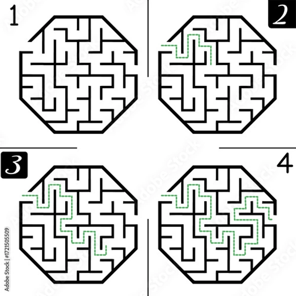 Fototapeta Illustration with labyrinth, maze conundrum for kids. Baby puzzle with entry and exit. Children puzzle game. 4 steps to complete the maze.