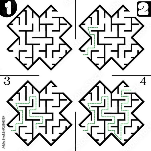 Fototapeta Illustration with labyrinth, maze conundrum for kids. Baby puzzle with entry and exit. Children puzzle game. 4 steps to complete the maze.