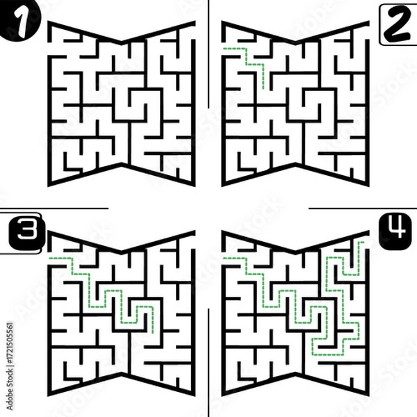 Fototapeta Illustration with labyrinth, maze conundrum for kids. Baby puzzle with entry and exit. Children puzzle game. 4 steps to complete the maze.