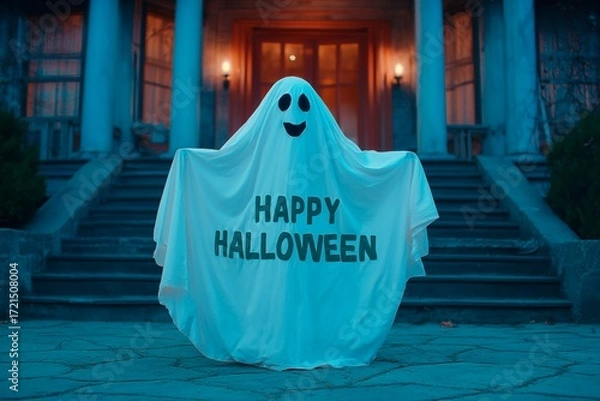 Fototapeta Ghost costume with happy Halloween text in front of house