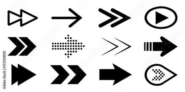 Fototapeta Set of bold black arrow icons pointing right, Chevron and Solid Arrow Collection, Direction Symbols, Arrow Cursor. Different arrow collection. Vector illustration.
