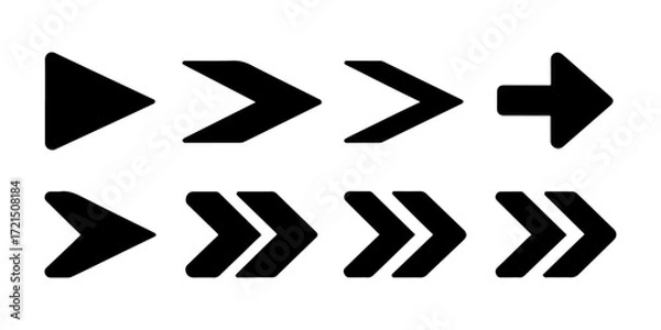 Fototapeta Set of bold black arrow icons pointing right, Chevron and Solid Arrow Collection, Direction Symbols, Arrow Cursor. Different arrow collection. Vector illustration.