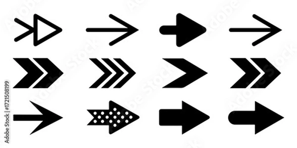 Fototapeta Set of bold black arrow icons pointing right, Chevron and Solid Arrow Collection, Direction Symbols, Arrow Cursor. Different arrow collection. Vector illustration.