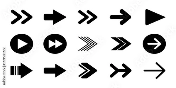 Fototapeta Set of bold black arrow icons pointing right, Chevron and Solid Arrow Collection, Direction Symbols, Arrow Cursor. Different arrow collection. Vector illustration.