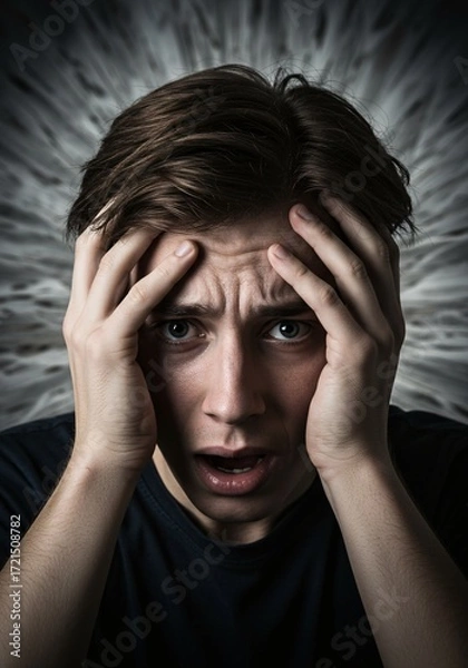 Fototapeta Portrait of a terrified young man in shock, clutching his head in a state of panic and anxiety
