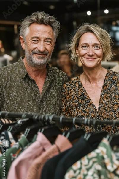 Fototapeta Couple souriant faisant du shopping dans un magasin de vêtements, moment complice de vie quotidienne et de mode à deux