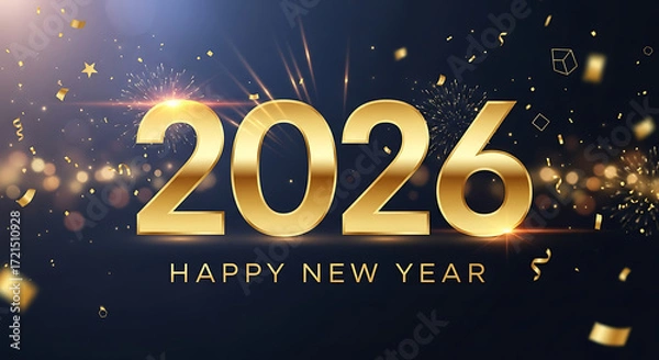 Obraz Golden 2026 New Year Celebration with Confetti and Bokeh Lights Background