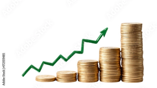 Fototapeta Stacks of coins with a green arrow on transparent background
