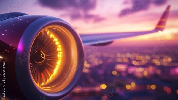 Obraz Mesmerizing airplane turbine illuminated by fiery internal breathtaking panorama light, soaring above a dazzling bokeh city at dusk against a dramatic colorful breathtaking panorama sky evoking a brea