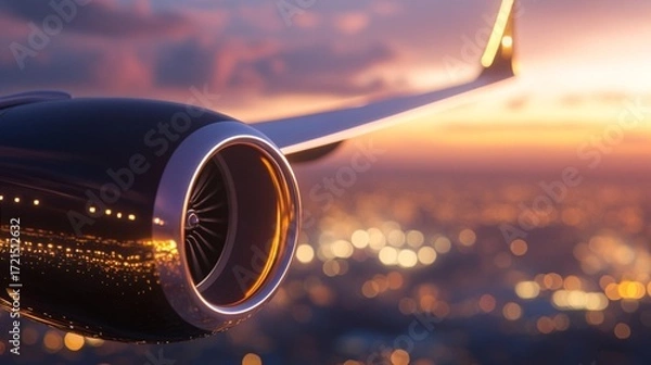 Obraz Sleek jet engine propelling metallic engine an aircraft through a, vibrant twilight sky above a sprawling metropolis illuminated metallic engine by countless golden metallic engine city lights during 