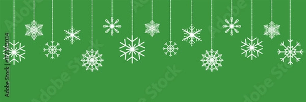 Fototapeta Christmas snowflakes garland on green background. White hanging snowflake bg. Holiday party design elements. Happy New Year ornament border. Luxury greeting card. Celebration banner. Vector illustrati