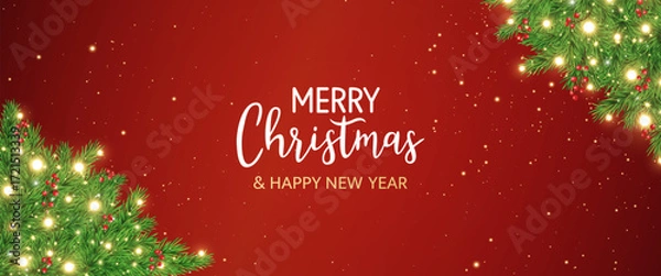 Fototapeta Green fir branches with glitter stars, golden light and berries frame. Merry Christmas garland border. New Year red card. Winter Holiday background. Xmas evergreen plant banner. Vector illustration
