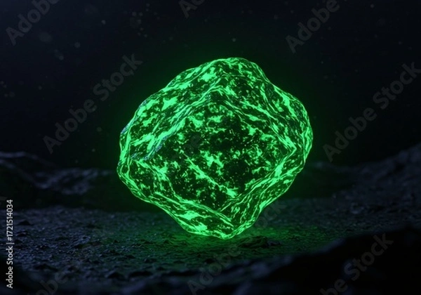 Fototapeta Mysterious alien ore glowing with vibrant green radioactive energy on a dark surface