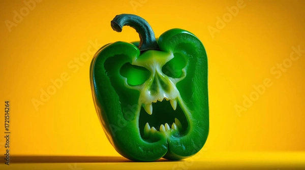 Fototapeta macro studio photo of a halved green bell pepper shaped like a screaming face, interior forming eye holes and an open mouth with visible seeds like teeth.