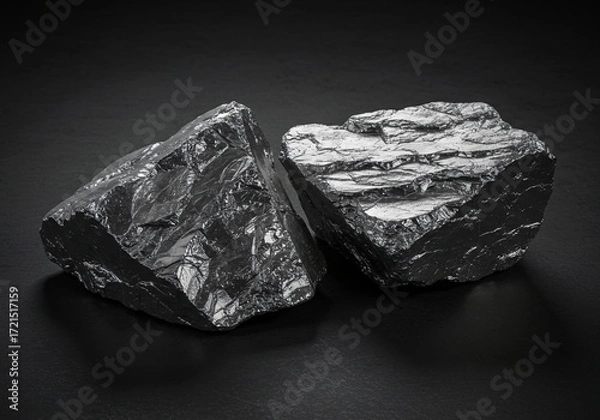 Fototapeta Two rough chunks of lustrous raw industrial mineral or silicon on a black background
