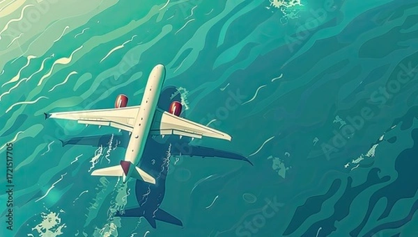 Fototapeta High-angle view of a passenger airplane gliding low over a teal ocean.  Sunlight glints on the water's surface, creating wavy patterns. The plane casts a shadow