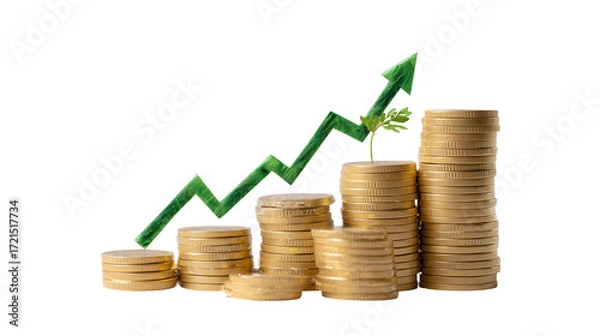 Fototapeta Golden coin stack with green arrow on white isolated on transparent background