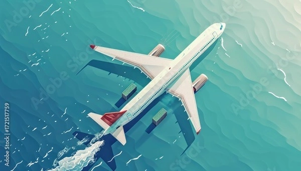 Obraz High-angle view of a large passenger plane flying low over a wavy ocean, leaving a wake