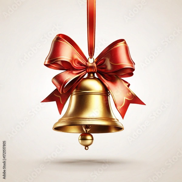 Fototapeta Shiny Golden Christmas Bell with Red Ribbon on White Background
