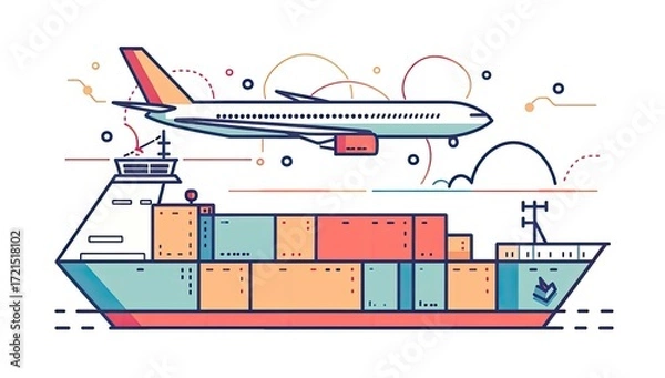 Fototapeta A stylized line drawing depicts a cargo ship laden with containers and an airplane overhead, symbolizing global trade and transportation