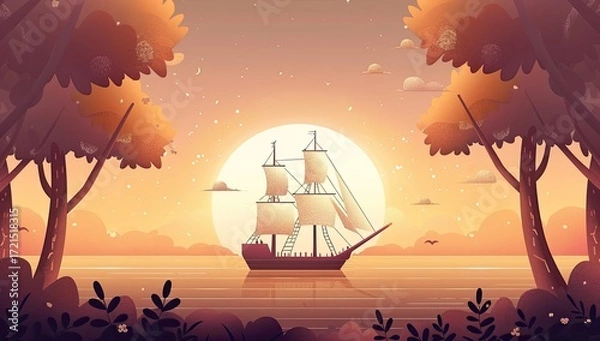 Fototapeta Serene sunset scene featuring a sailing ship on calm waters, framed by lush trees.  Warm, golden light bathes the landscape