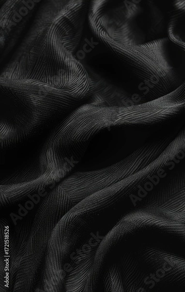 Fototapeta Draped black fabric with subtle texture and folds, creating a dark, moody aesthetic.  The image showcases the material's soft sheen and flowing movement