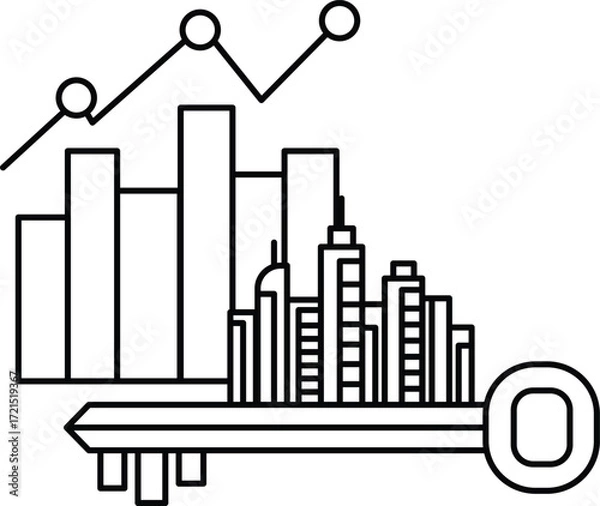 Fototapeta A key is shown with a city skyline in the background