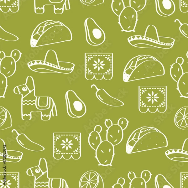 Fototapeta Mexican fiesta seamless pattern with tacos, avocados, sombreros, piñata, chili peppers and cactus. Festival icons for wrapping paper, backgrounds, wallpaper, textiles.
