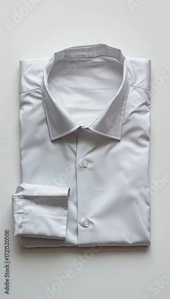 Obraz A crisply folded, long-sleeved, white dress shirt lies flat against a plain white background.  The collar is neatly positioned, and the cuffs are folded