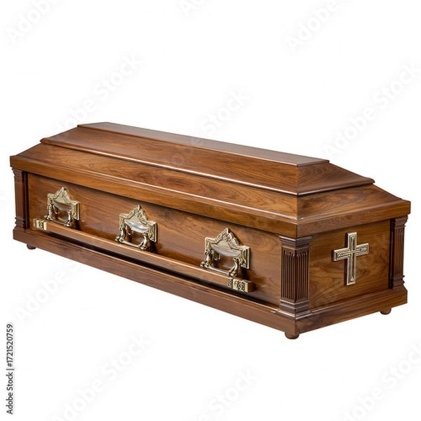 Fototapeta Sad brown wood coffin or casket for funeral, with Christian cross. An isolated container for burial, symbolizing death and profound sadness of loss