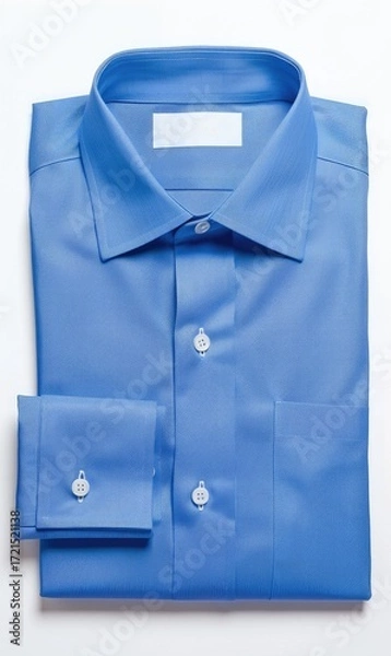 Fototapeta A solid, light blue, long-sleeved dress shirt is neatly folded and displayed against a white background.  The shirt has a classic collar and button-down cuffs