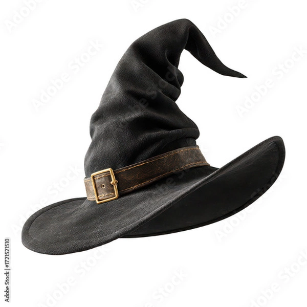 Fototapeta Spooky black witch hat costume accessory with brown belt and buckle for magical Halloween celebration. Isolated fantasy object for witchcraft concepts