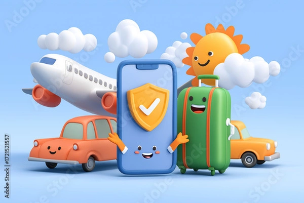 Obraz Phone screen shows a checkmark symbolizing successful insurance purchase. Travel insurance concept