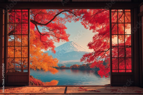 Obraz Panoramic window framing in vibrant beautiful fall foliage and Fuji mountain at traditional Japanese room. Autumn in Japan