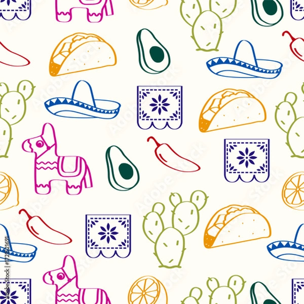 Fototapeta Mexican fiesta seamless pattern with tacos, avocados, sombreros, piñata, chili peppers and cactus. Festival icons for wrapping paper, backgrounds, wallpaper, textiles.