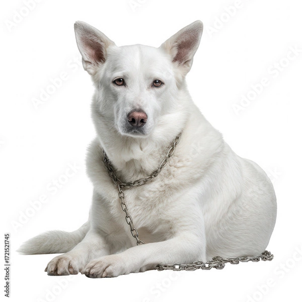 Fototapeta Sad, ghost like white dog with metal chain collar lies isolated on transparency background. This big purebred canine pet has serious and watchful expression