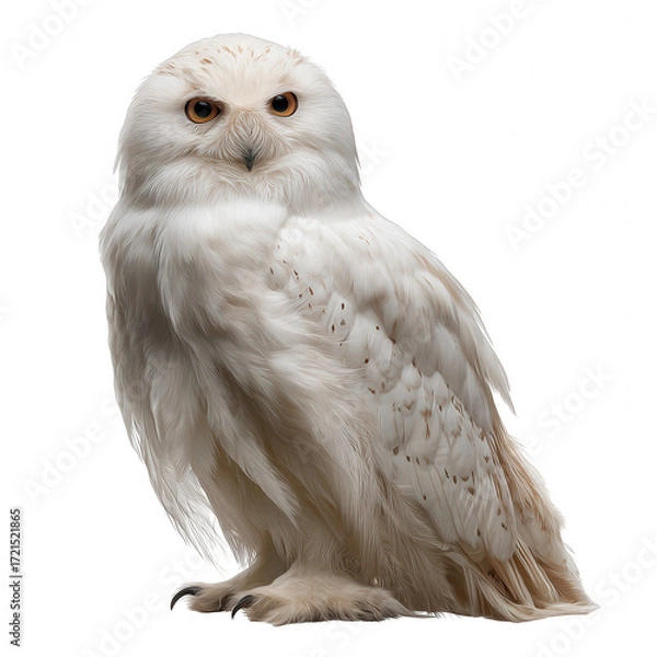 Fototapeta Majestic snowy owl, white bird of prey and animal predator looking forward. This isolated wildlife portrait shows its beautiful feather and intense, calm gaze