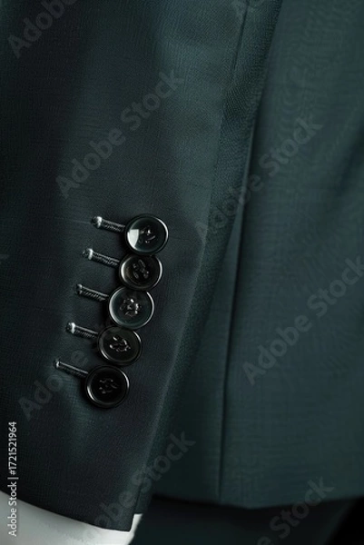 Obraz Close-up of a dark-green suit sleeve showcasing a row of black buttons and subtle sheen of the fabric.  The image highlights the tailoring details