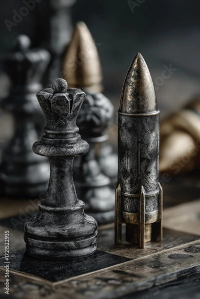 Fototapeta Échiquier de guerre symbolique avec pièces transformées en armes militaires, métaphore visuelle de stratégie, conflit et rivalité