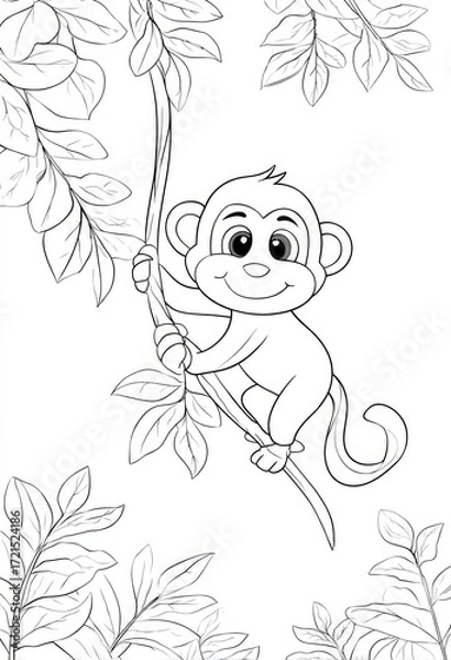 Fototapeta A charming, black and white illustration of a monkey grasping a branch amidst lush foliage.